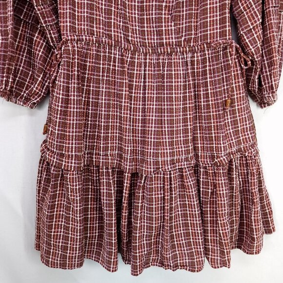 Madewell Seersucker Faux Wrap Mini Dress Size XXS Oversized Red Plaid Tiered - Picture 4 of 12